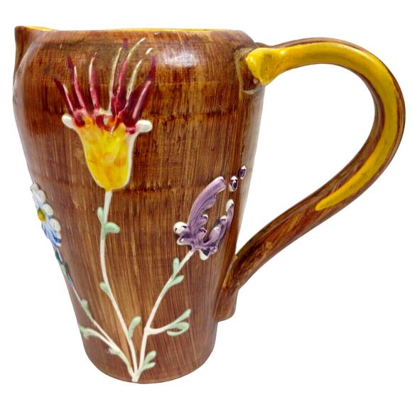 Italian Pottery Hand Painted Pitcher Raised Relief Flowers Brown Faux Wood - Picture 2 of 10